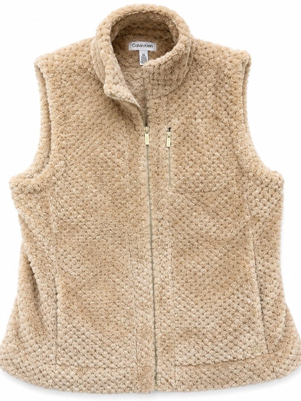 Calvin Klein Teddy Sherpa Vest Large Beige Zip Up Fleece Cozy Soft